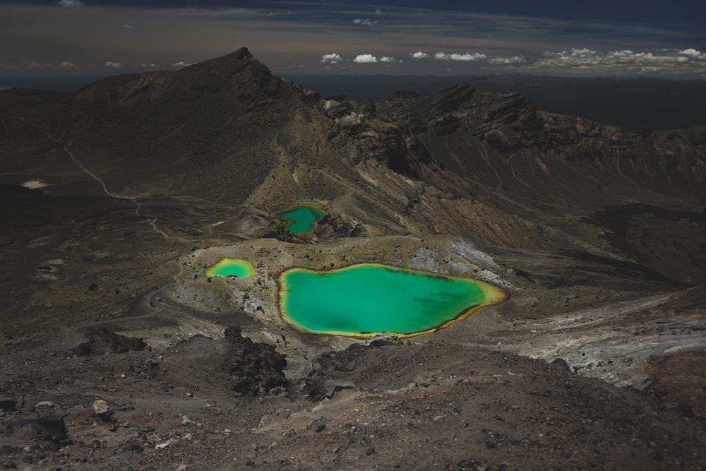 a green lake surrounded by mountains under a cloudy sky