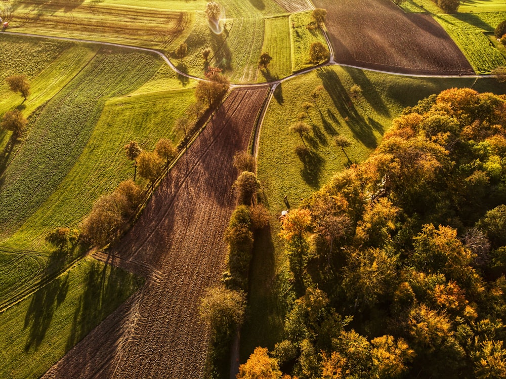 an aerial view of a country road in the countryside