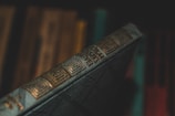 A close-up of a book's spine with intricate designs.