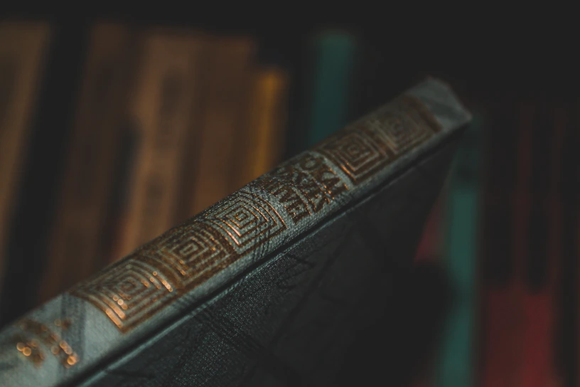 A moody, artistic close-up of a book spine embossed with golden letters against a deep indigo velvet background.