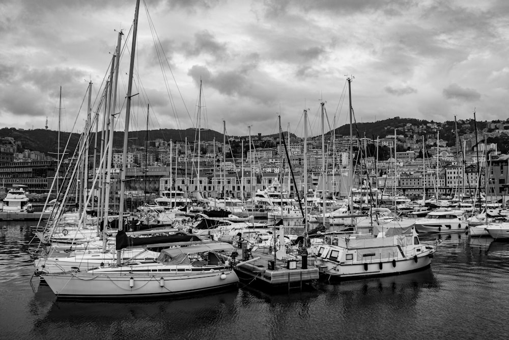 a black and white photo of a harbor full of boats