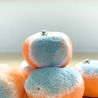 Several oranges covered in patches of blue and white mold, arranged in a small pile on a light-colored surface.