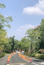 A curving road is lined with orange traffic cones and flanked by tall, lush trees. Two white vehicles are driving down the road. The sky is blue with a few scattered clouds, and there are kites flying high above.
