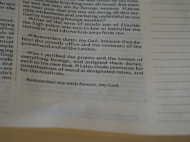 A close-up of a page from a religious text, featuring black printed text on a cream-colored background. The text appears to be from a book such as the Bible, with numbered verses and references to figures like priests and Levites.