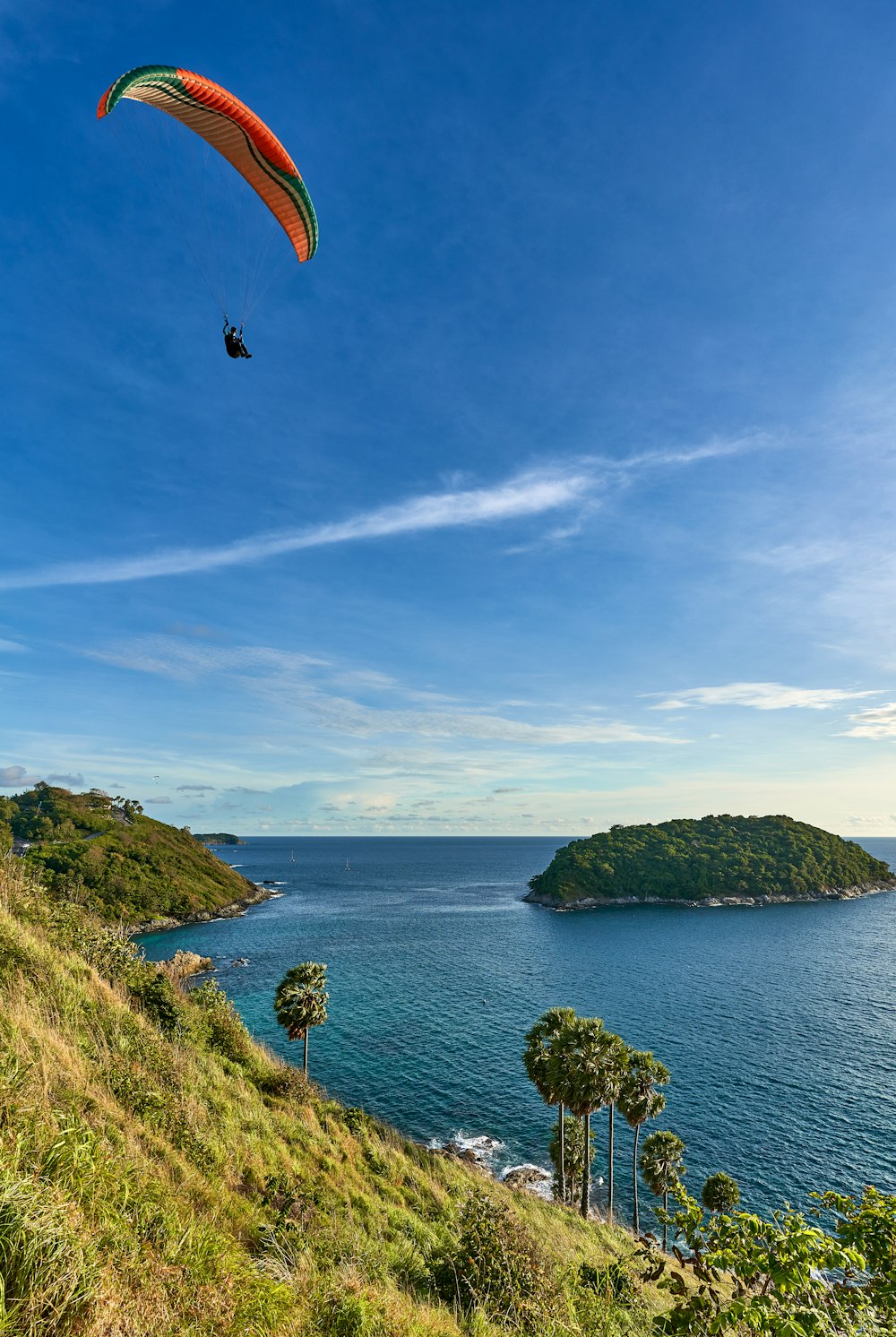 a person paragliding over a lush green hillside next to a body of water
