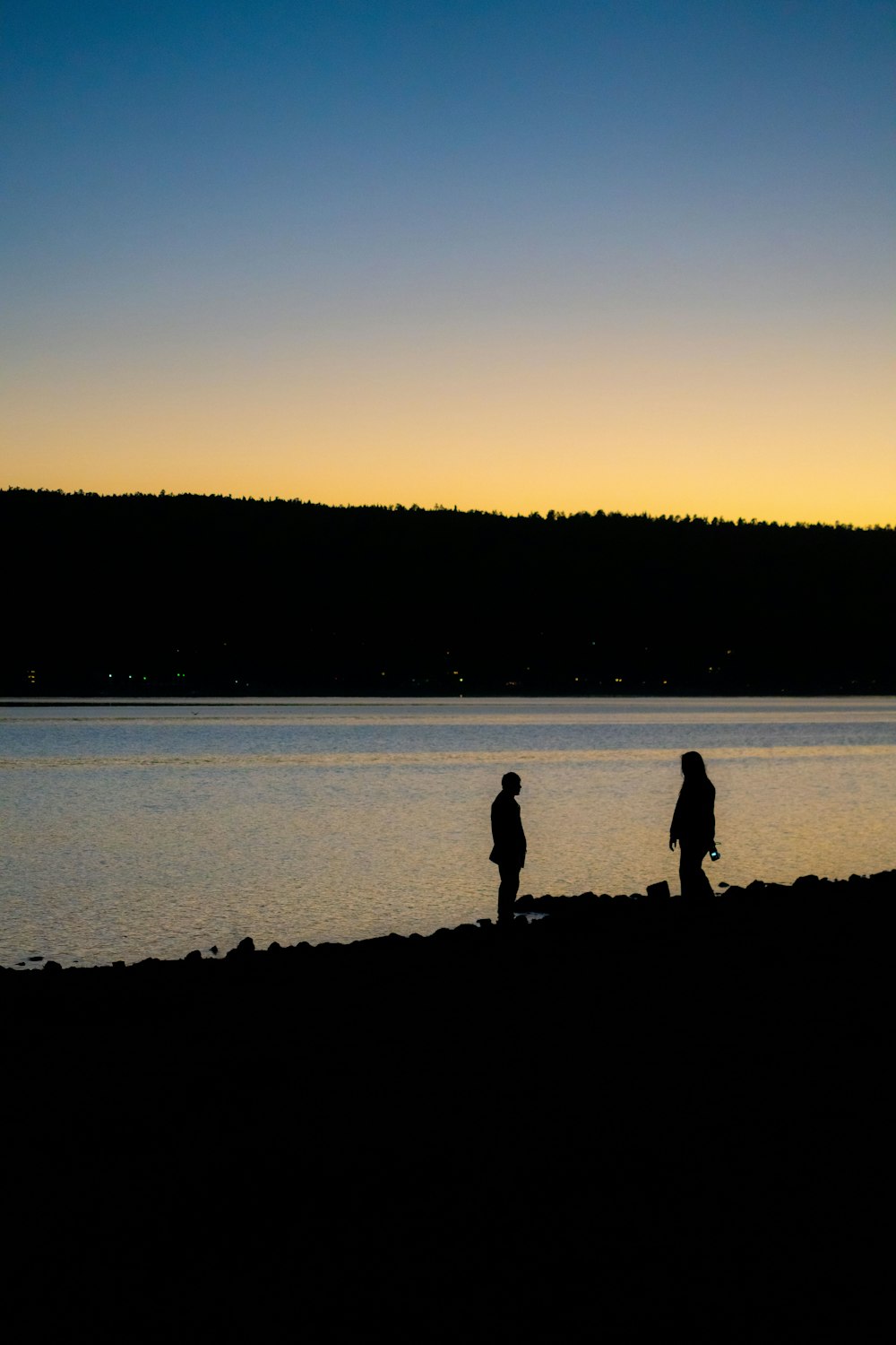 a couple of people standing next to a body of water