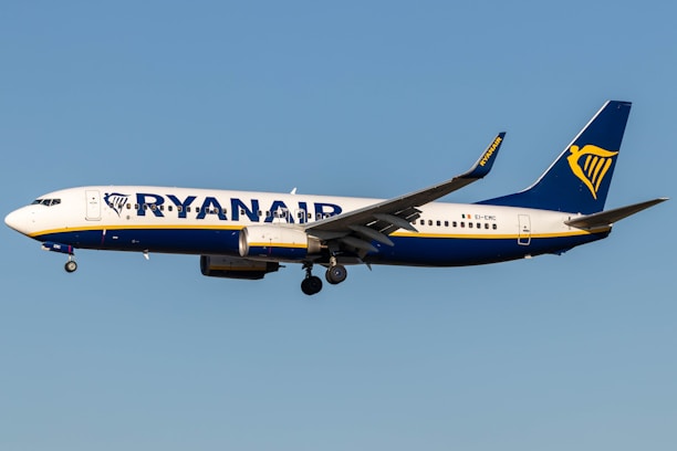 A commercial airplane with the Ryanair logo and branding is flying mid-air against a clear blue sky. It is a Boeing 737, predominantly white with blue and yellow accents.