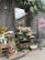 A charming flower shop displays various types of plants and flowers arranged on wooden crates and shelves outside a storefront. The facade features rustic decorations with leafy vines and a pink neon sign. On the pavement, a small model of the Eiffel Tower adds a unique touch, alongside chalkboard signs with floral prices. The area is adorned with a variety of colorful blooms, including roses, daisies, and potted plants.
