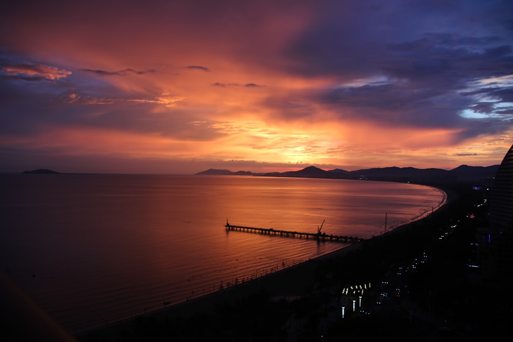 a sunset view of a large body of water