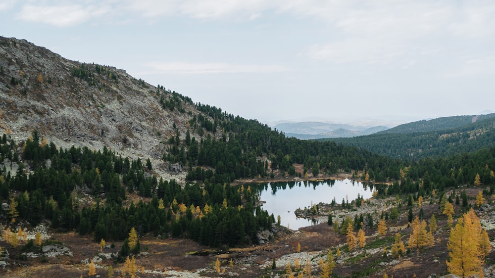 a lake in the middle of a mountain surrounded by trees