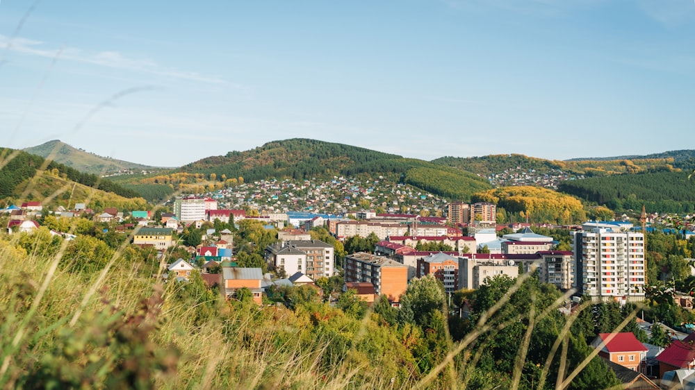 a view of a city with mountains in the background