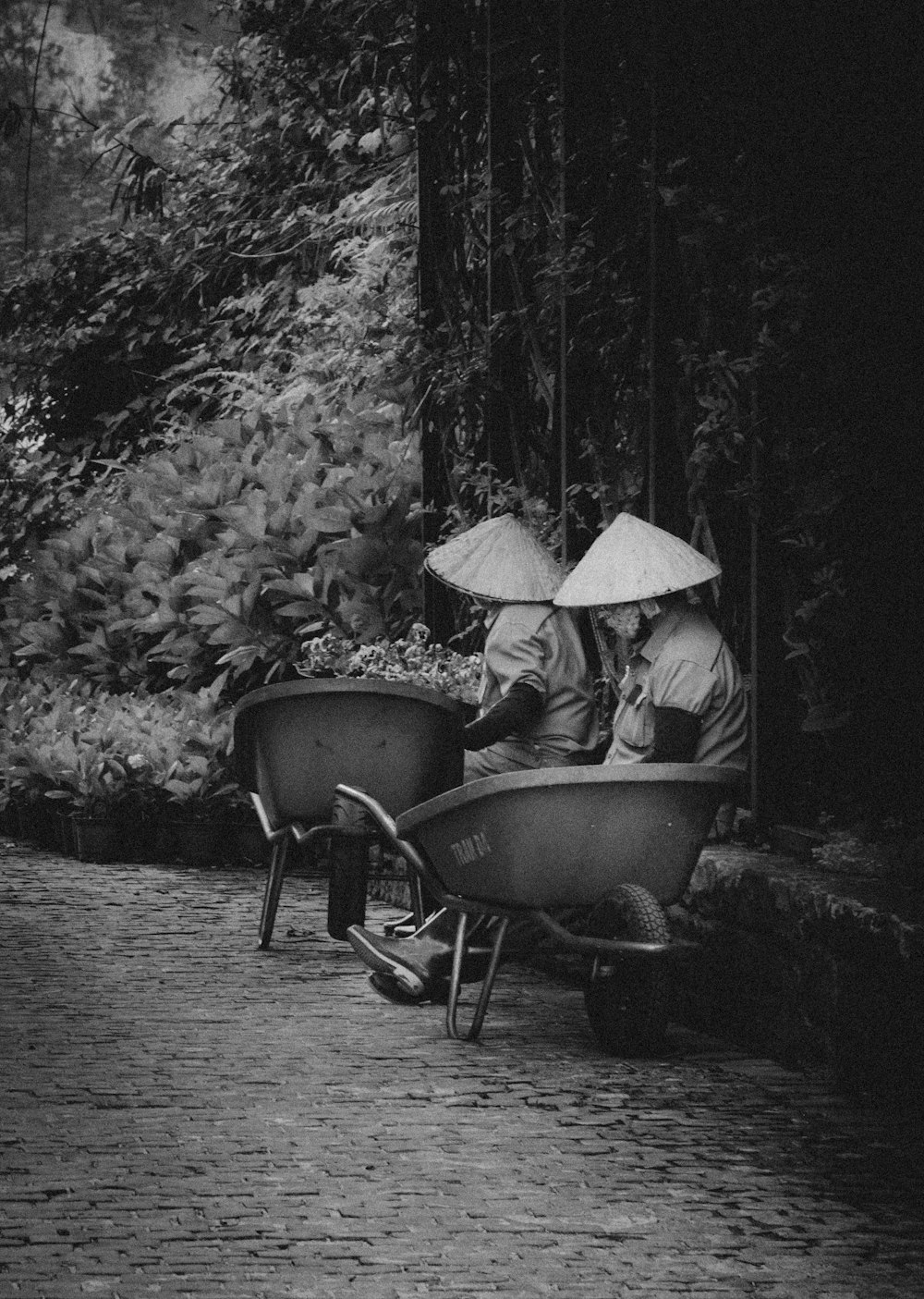 a black and white photo of two people sitting on a bench with umbrellas