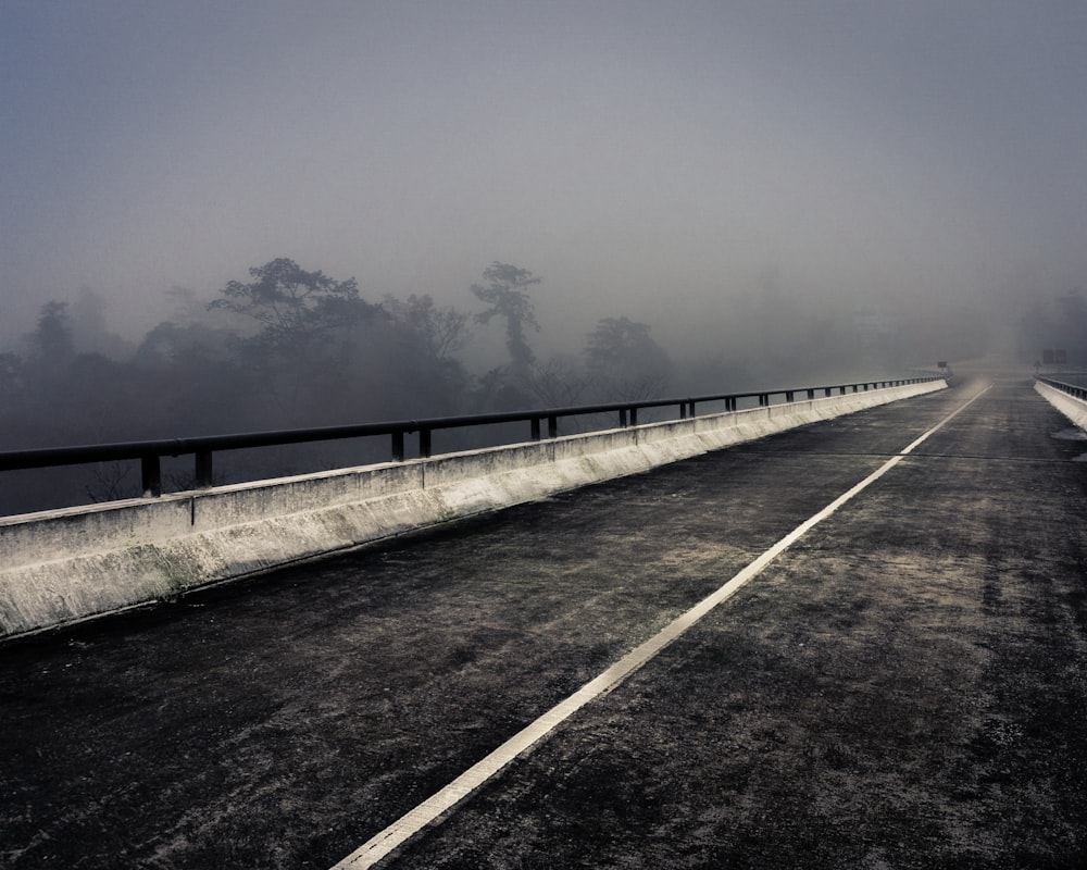 a foggy road on a foggy day with trees in the background