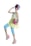 A fashion-forward individual poses in a vibrant and eclectic outfit. The ensemble includes a pastel plaid top, a lime green dress, and light blue capri pants. Accessories include a large pink and blue bow in the hair, a bright pink clutch, and matching pink wedge sandals with green accents. The hair is styled in a voluminous updo, and the person exudes a playful and quirky charm.