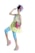 A fashion-forward individual poses in a vibrant and eclectic outfit. The ensemble includes a pastel plaid top, a lime green dress, and light blue capri pants. Accessories include a large pink and blue bow in the hair, a bright pink clutch, and matching pink wedge sandals with green accents. The hair is styled in a voluminous updo, and the person exudes a playful and quirky charm.