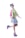 A person is dressed in vibrant, colorful clothing, including a layered skirt with pastel hues, a lime green blouse, and a pink jacket. The outfit is accessorized with a small pink top hat featuring a blue ribbon. The footwear is a pair of platform shoes with a bright, multicolored design. The individual poses with one foot raised, exuding a playful and whimsical style.