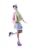 A person is dressed in vibrant, colorful clothing, including a layered skirt with pastel hues, a lime green blouse, and a pink jacket. The outfit is accessorized with a small pink top hat featuring a blue ribbon. The footwear is a pair of platform shoes with a bright, multicolored design. The individual poses with one foot raised, exuding a playful and whimsical style.