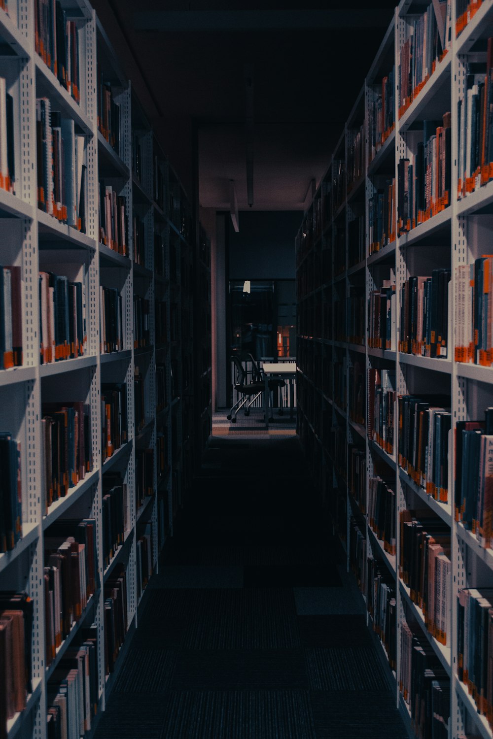 a dimly lit library with rows of books