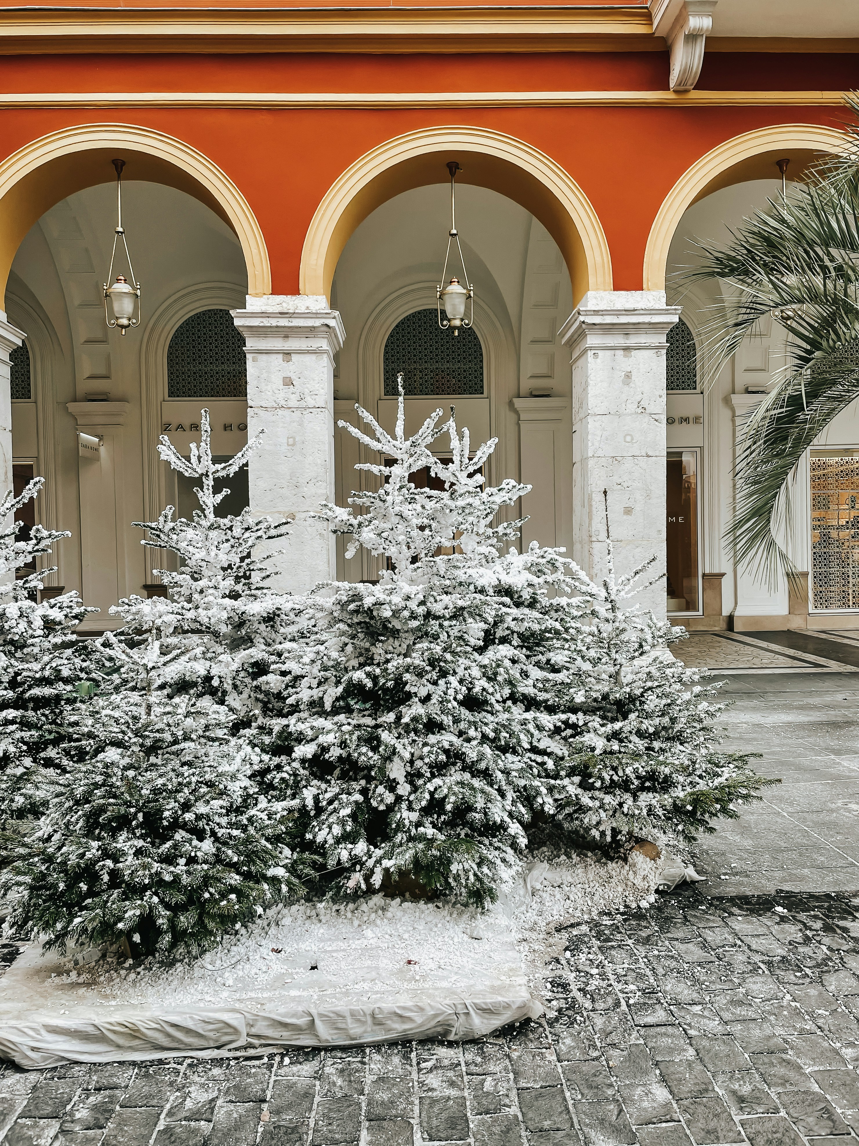 a snow covered planter in front of a building