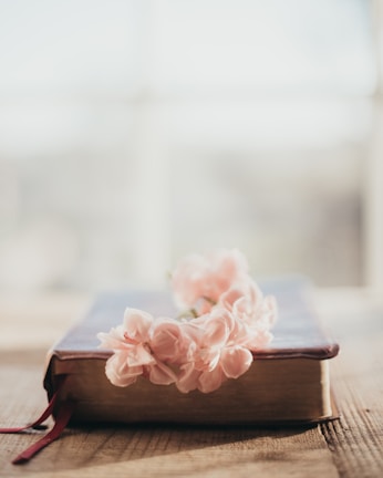 A stylish flat lay of the book surrounded by vintage keys and a deep red rose on a textured gray surface.