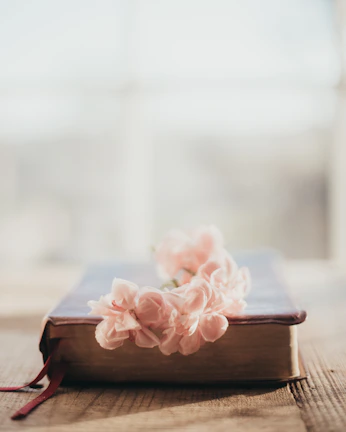 Ivory-colored vintage book stacked on a beige linen cloth with soft natural light.