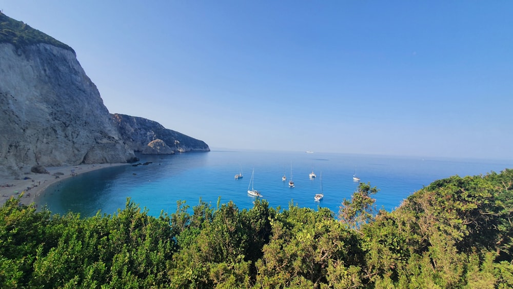 a group of boats floating on top of a body of water