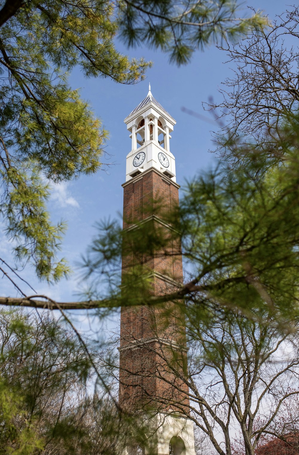 a large tall tower with a clock on the side of a tree