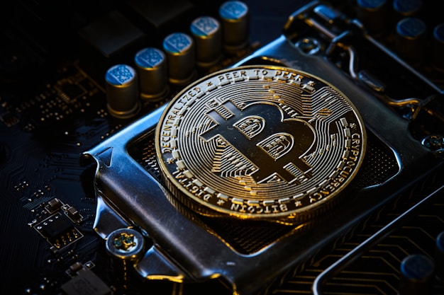 a bitcoin on top of a computer motherboard