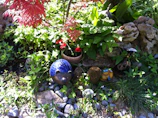A vibrant garden scene features a mix of lush green foliage and bright red flowers. Among the plants are decorative garden ornaments, including a blue hedgehog figurine and a whimsical frog figure. The setting includes natural rocks and pebbles, adding texture to the scene.