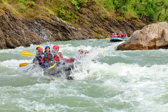 Raft crew paddling through white water