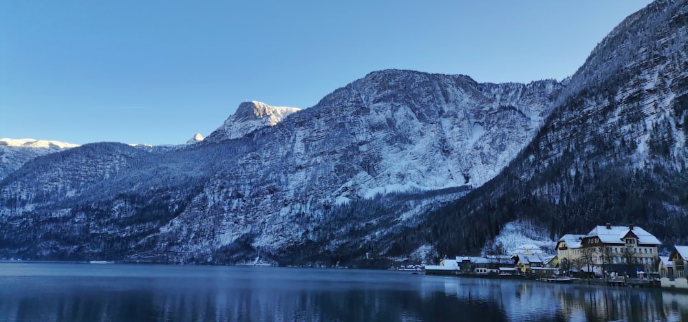 a lake surrounded by snow covered mountains