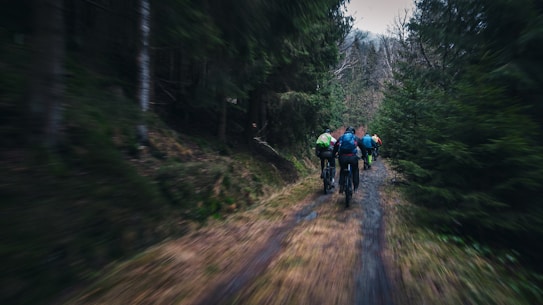 A group of cyclists riding on a narrow, dirt trail through a dense forest. The path is surrounded by lush evergreen trees, and the scene has a dynamic, motion-blur effect, emphasizing the speed and movement of the cyclists.
