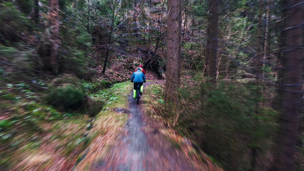 a person walking down a path in the woods