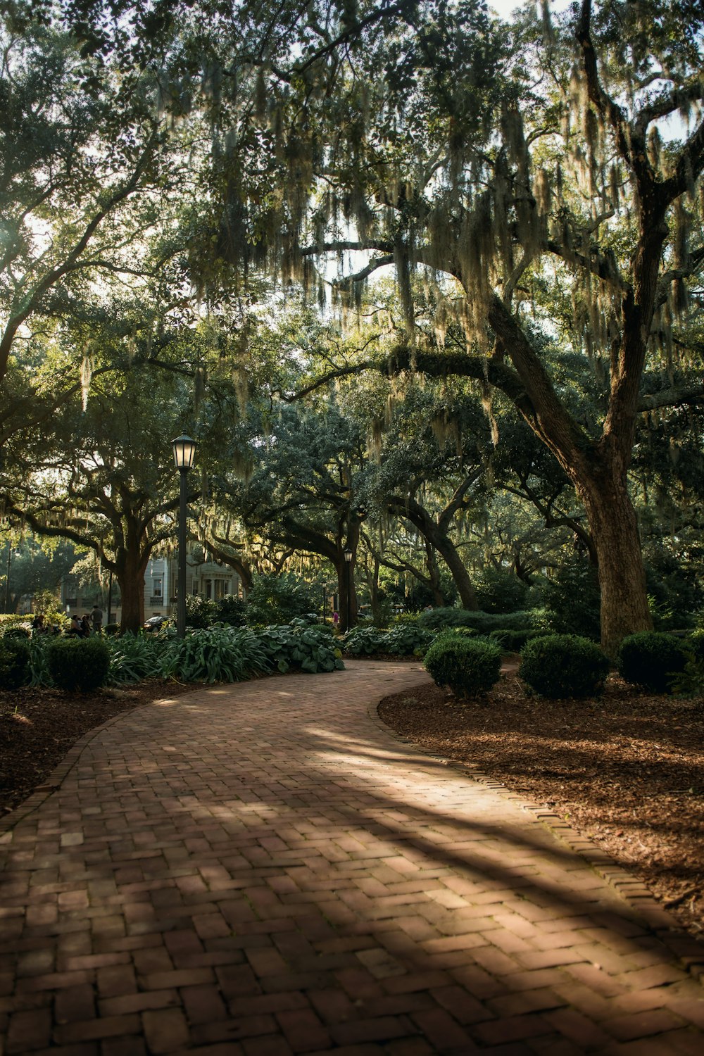 a brick path with trees and bushes on either side