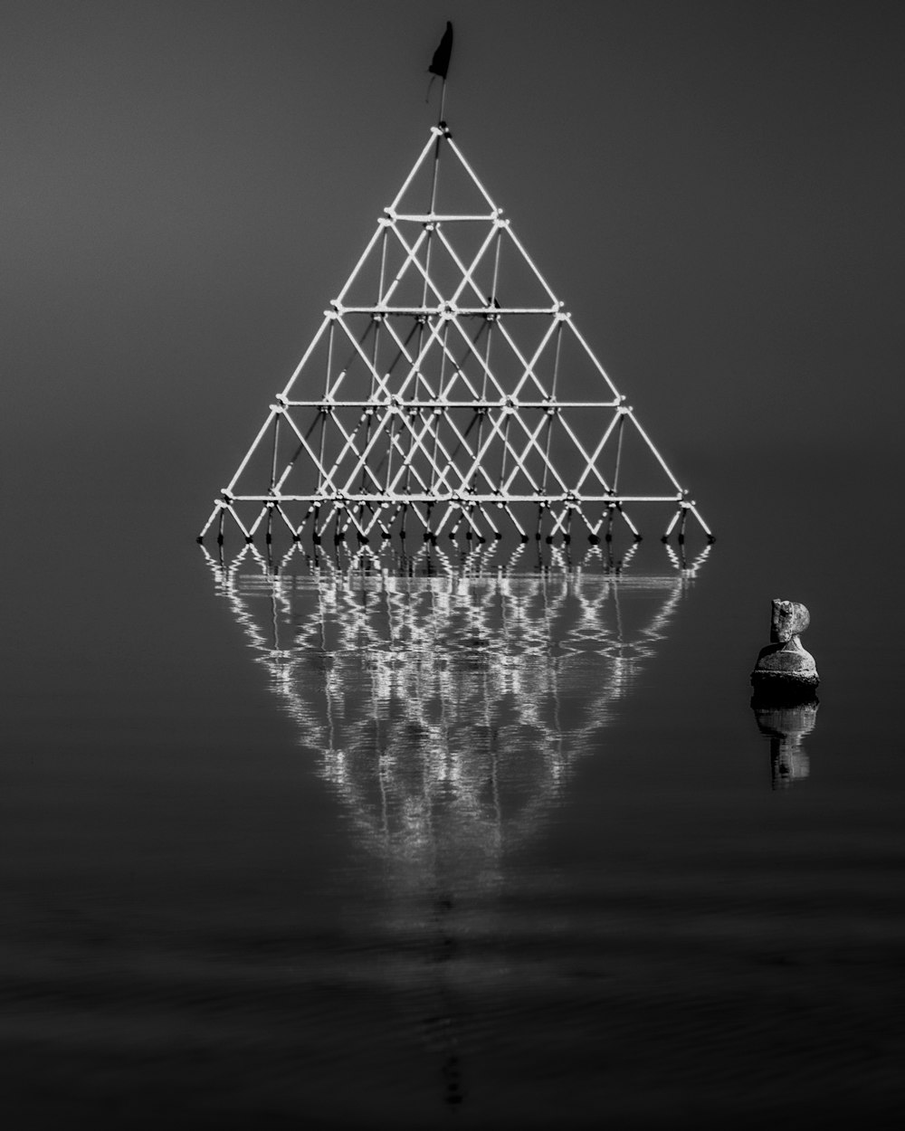 a black and white photo of a building with a bird sitting on top of it