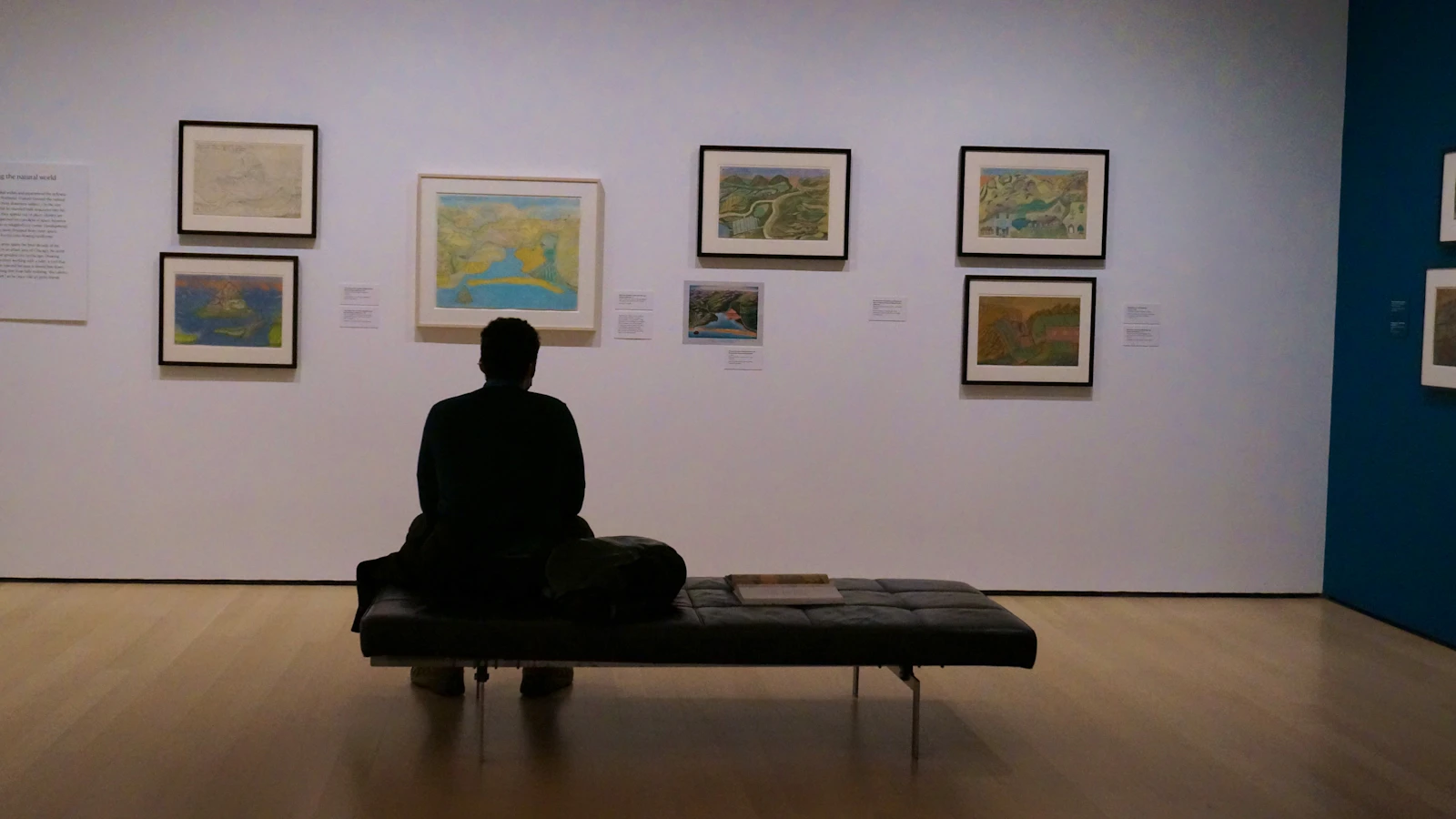Travel photograph: A museum visitor seated alone on a bench while looking at a wall of framed modern artworks.