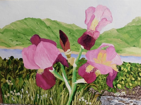 A botanical painting featuring large, vibrant pink flowers with intricate petal details, set against a lush green landscape. The background includes softly rolling hills and a serene body of water. The foreground is rich with green foliage and small delicate flowers.