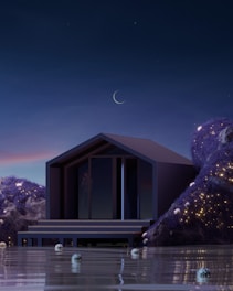 A modern, minimalist house with large windows is set against a serene night sky with a crescent moon. The house is surrounded by dreamy, glowing foliage and sits on the edge of a reflective body of water.