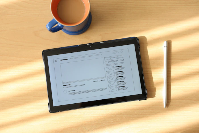 Website wireframe displayed on a tablet