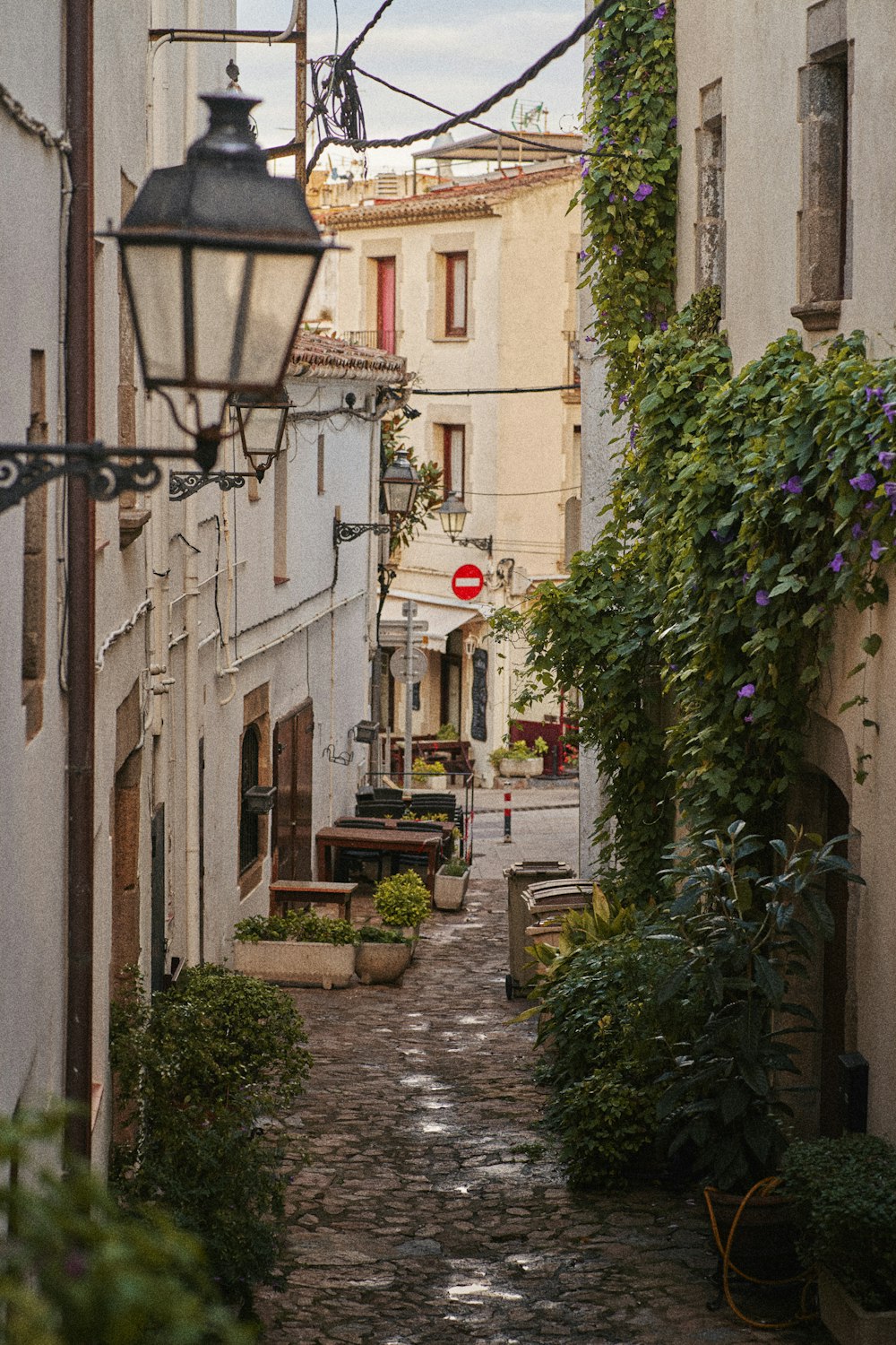 a cobblestone street with a lamp post in the middle