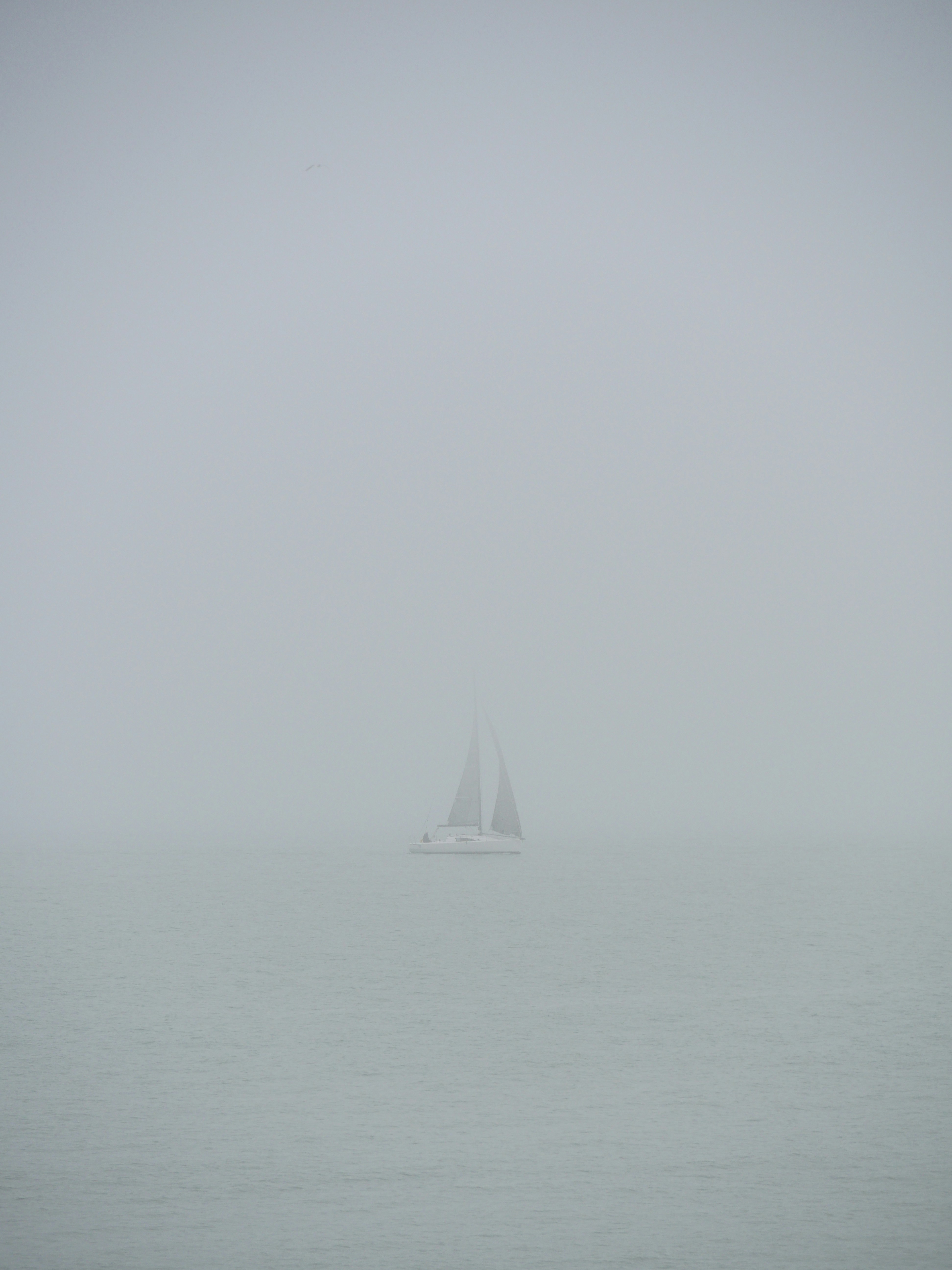 a sailboat in the middle of the ocean on a foggy day