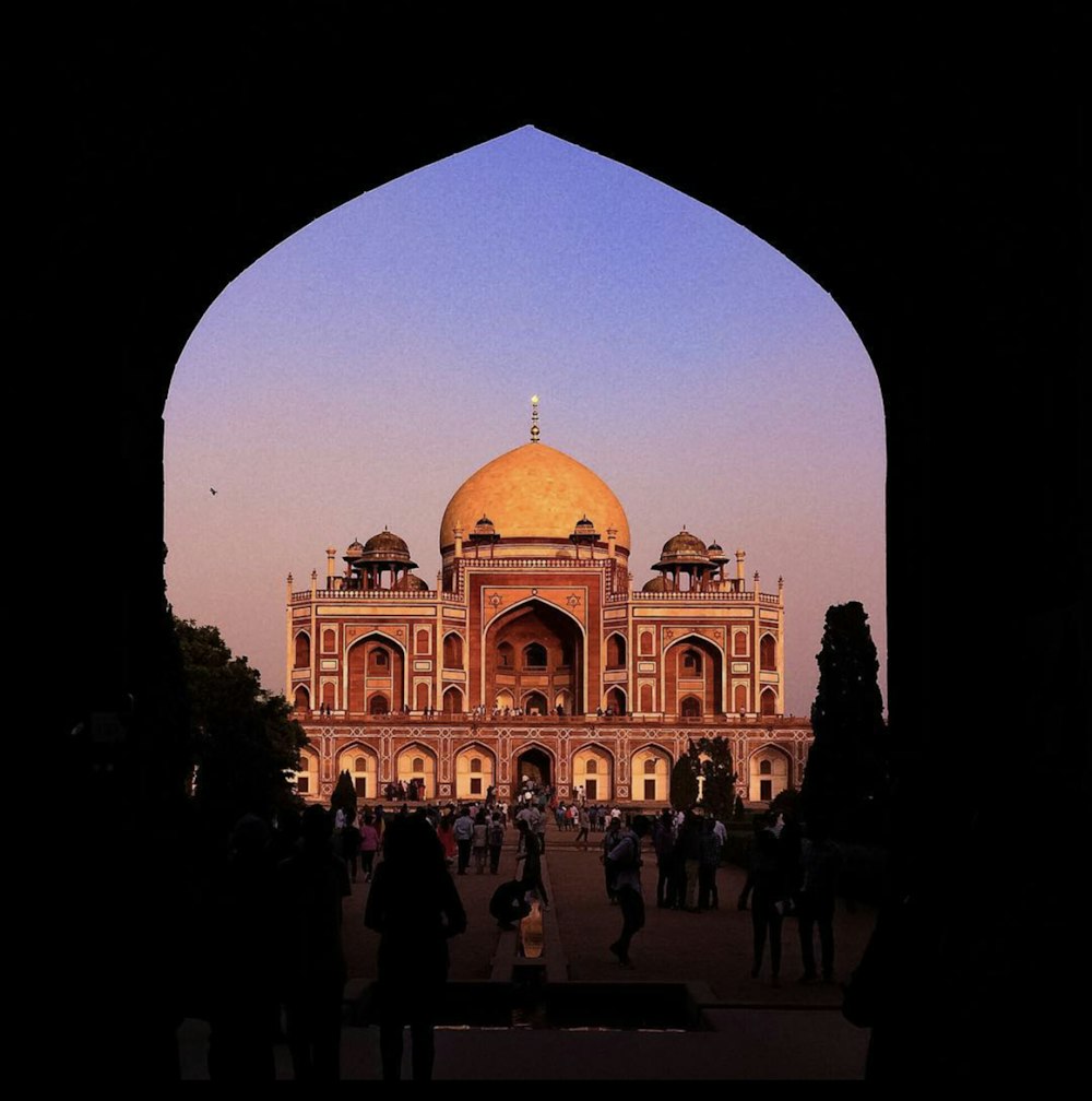 a view of a building through an archway