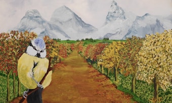 Landscape painting featuring a unique bird resembling a blue tit in the foreground, holding a walking stick and wearing a hat. The background shows a pathway lined with autumnal trees, leading towards snow-capped mountains.