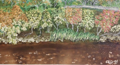 a painting of trees and water in a forest