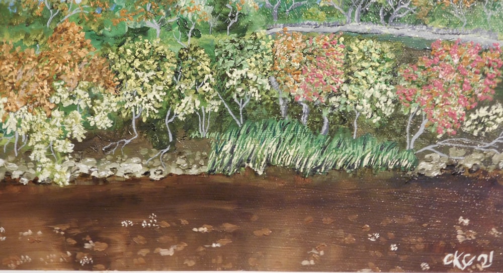 Ein Gemälde von Bäumen und Wasser in einem Wald