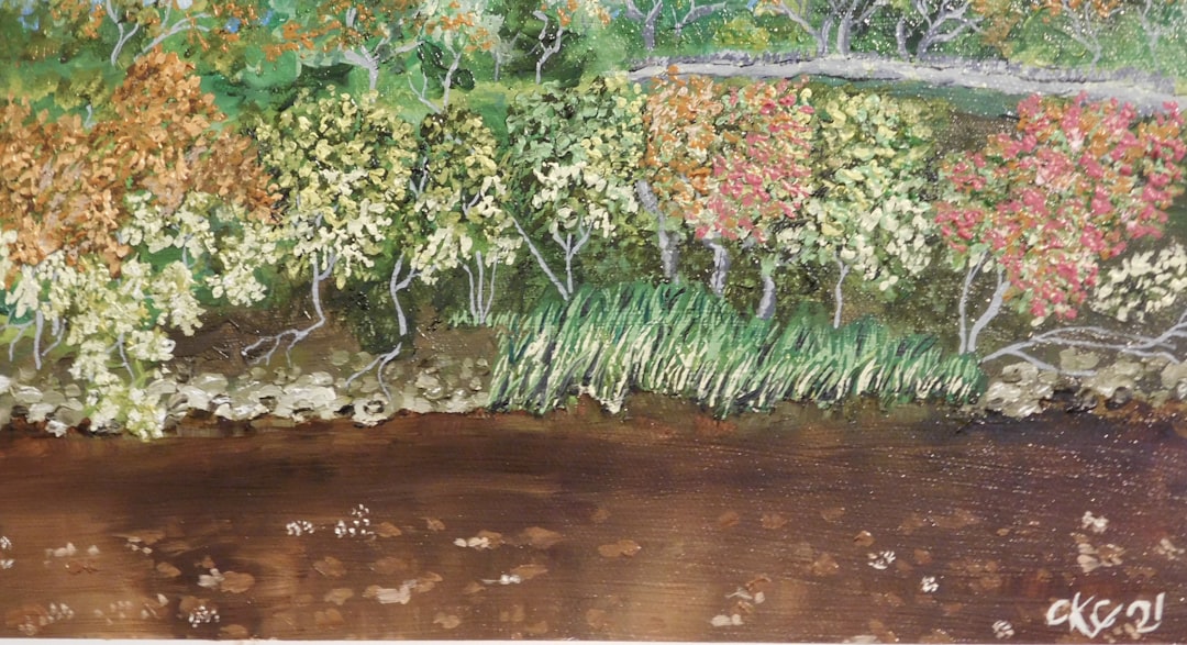 a painting of trees and water in a forest, Original oil painting by Catherine Kay Greenup. The Derwent River and access 