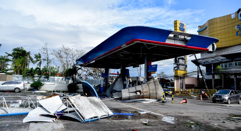 a gas station that has been torn apart