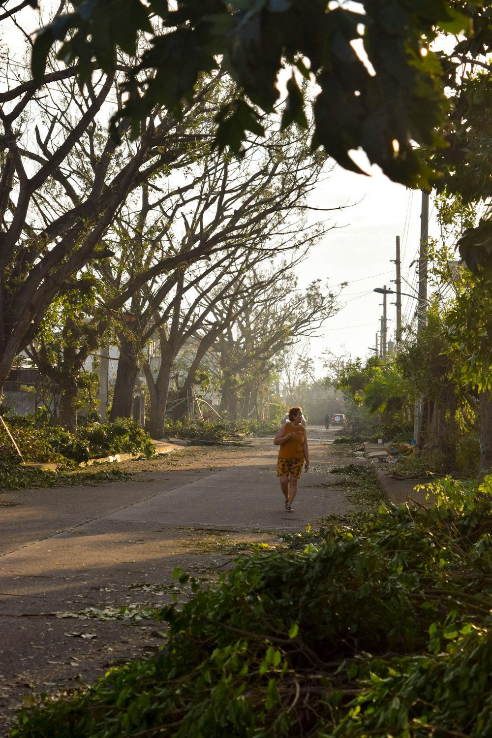 a woman walking down a street next to trees