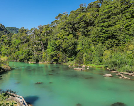 A serene river winding through untouched wilderness, reflecting the clear blue sky.
