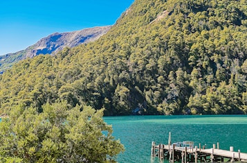 A serene landscape featuring a turquoise lake bordered by lush green forested hills under a clear blue sky. A wooden dock extends into the lake from the right side, suggesting a tranquil setting for relaxation or contemplation.